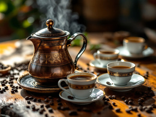 Traditional Ethiopian coffee ceremony with ornate copper dallah pot and matching cups, steaming coffee and scattered beans on wooden table