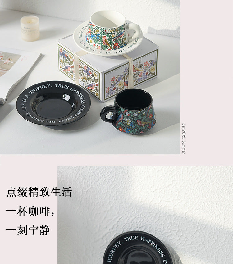 Vintage flower and bird watercolor coffee cup set Upscale mug Afternoon teacup saucer gift box with gift cup