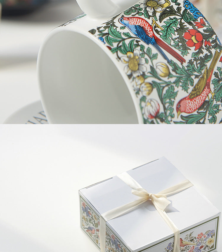 Vintage flower and bird watercolor coffee cup set Upscale mug Afternoon teacup saucer gift box with gift cup