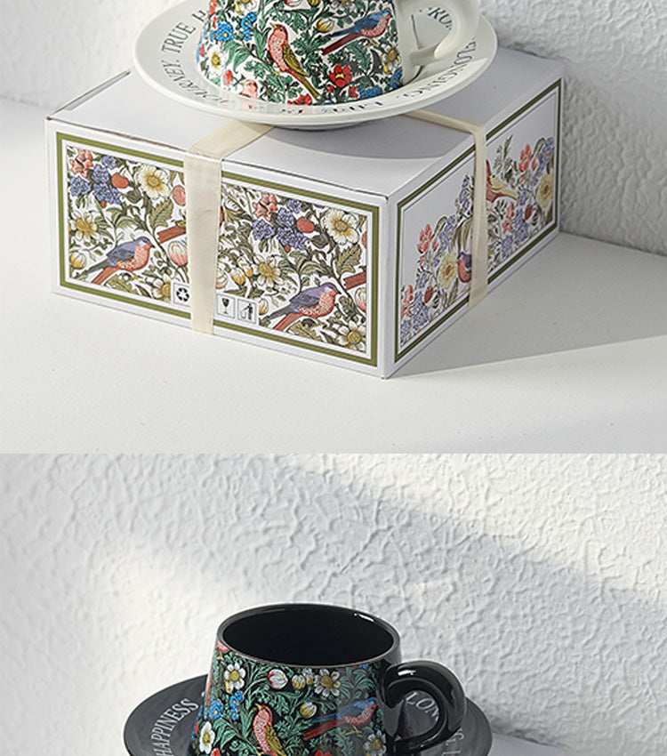 Vintage flower and bird watercolor coffee cup set Upscale mug Afternoon teacup saucer gift box with gift cup