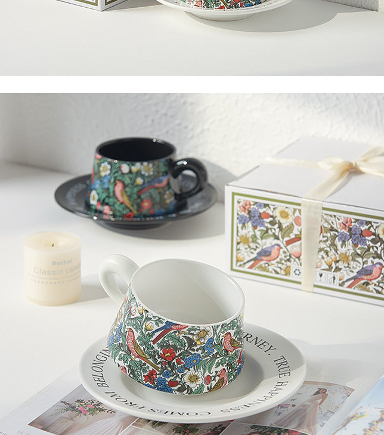 Vintage flower and bird watercolor coffee cup set Upscale mug Afternoon teacup saucer gift box with gift cup