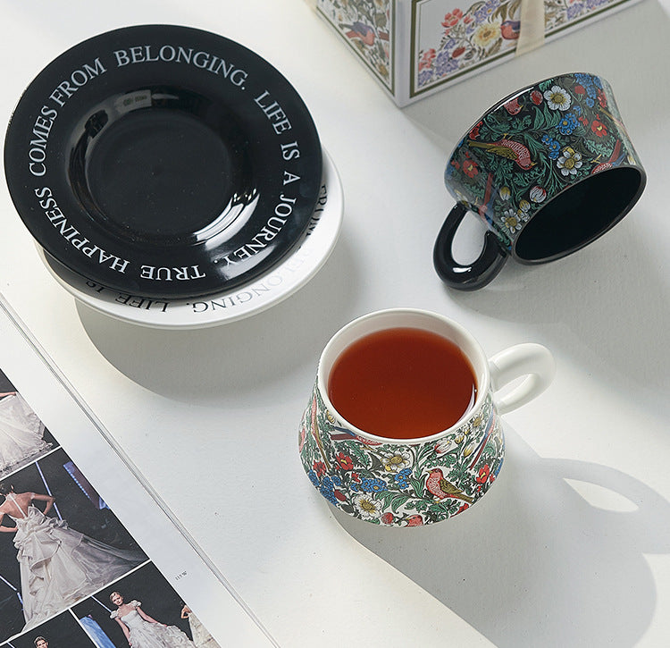 Vintage flower and bird watercolor coffee cup set Upscale mug Afternoon teacup saucer gift box with gift cup