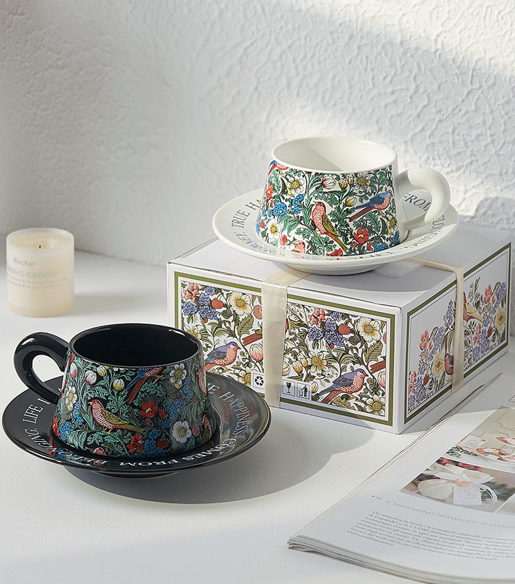 Vintage flower and bird watercolor coffee cup set Upscale mug Afternoon teacup saucer gift box with gift cup