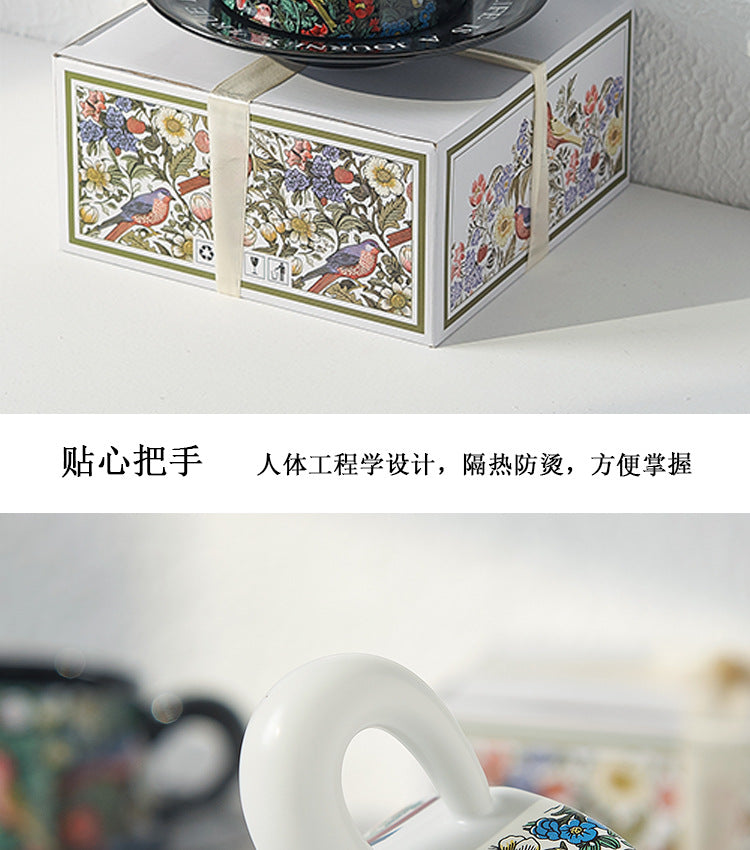 Vintage flower and bird watercolor coffee cup set Upscale mug Afternoon teacup saucer gift box with gift cup