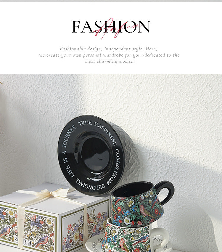 Vintage flower and bird watercolor coffee cup set Upscale mug Afternoon teacup saucer gift box with gift cup