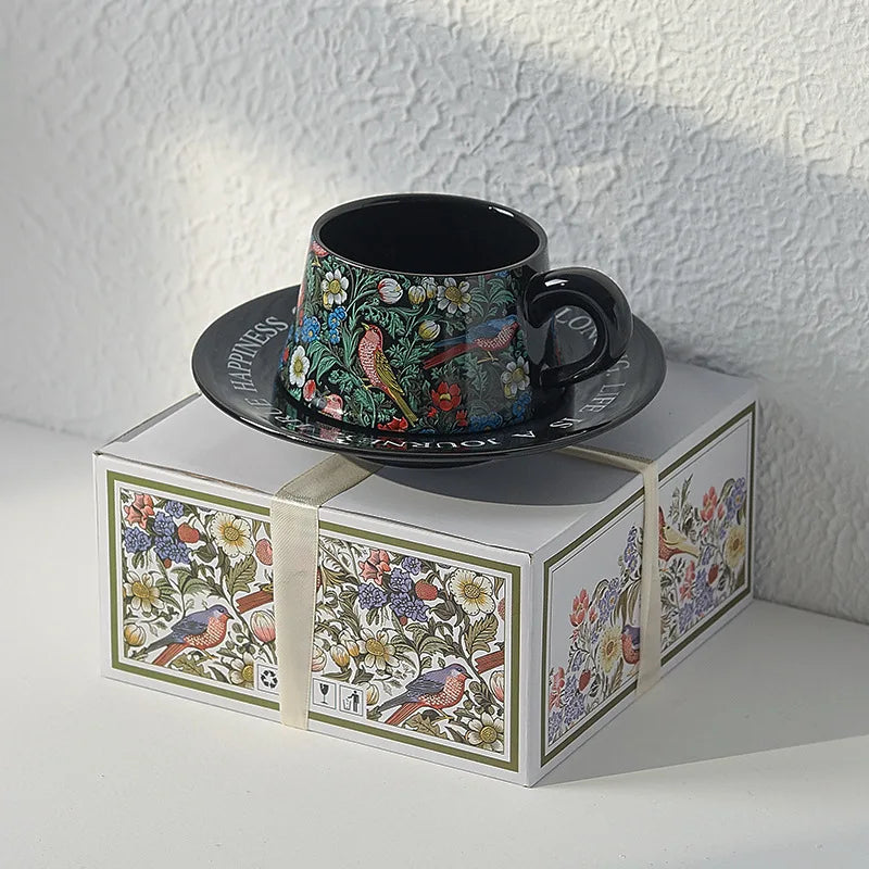 Vintage flower and bird watercolor coffee cup set Upscale mug Afternoon teacup saucer gift box with gift cup