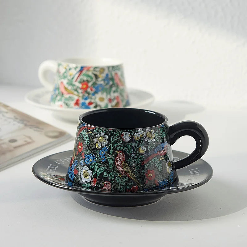 Vintage flower and bird watercolor coffee cup set Upscale mug Afternoon teacup saucer gift box with gift cup