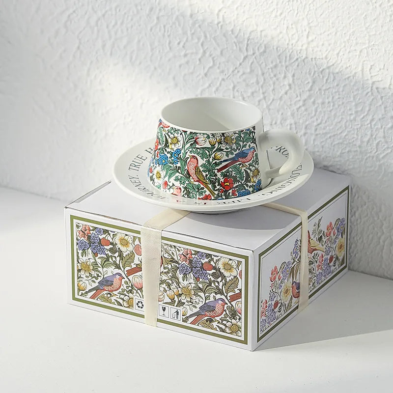 Vintage flower and bird watercolor coffee cup set Upscale mug Afternoon teacup saucer gift box with gift cup