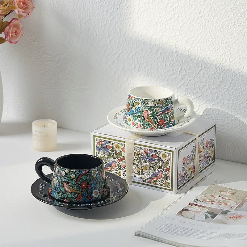 Vintage flower and bird watercolor coffee cup set Upscale mug Afternoon teacup saucer gift box with gift cup