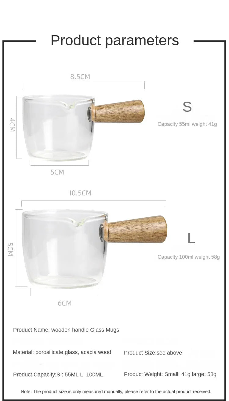 Wood Handle Espresso Measuring Heat-resisting Single Mouth Glass Mugs for Milk,Concentrate Coffee,Strong Drinks Measuring Cup