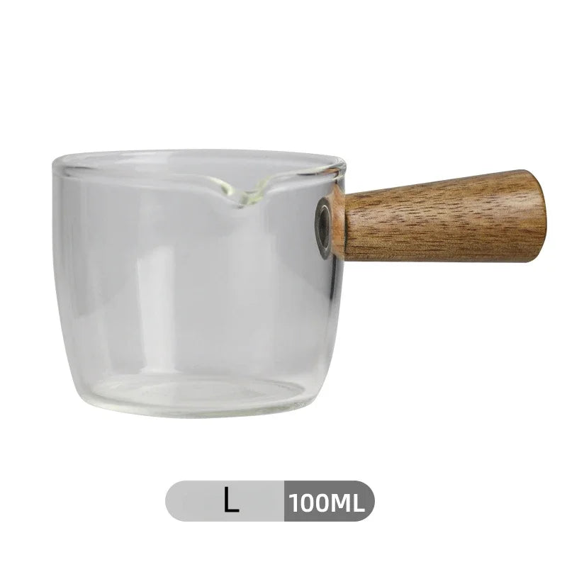 Wood Handle Espresso Measuring Heat-resisting Single Mouth Glass Mugs for Milk,Concentrate Coffee,Strong Drinks Measuring Cup