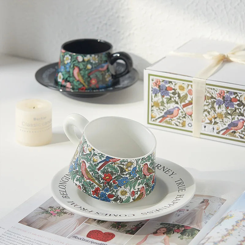 Vintage flower and bird watercolor coffee cup set Upscale mug Afternoon teacup saucer gift box with gift cup