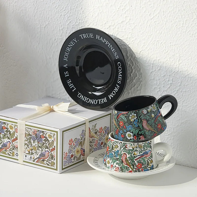 Vintage flower and bird watercolor coffee cup set Upscale mug Afternoon teacup saucer gift box with gift cup