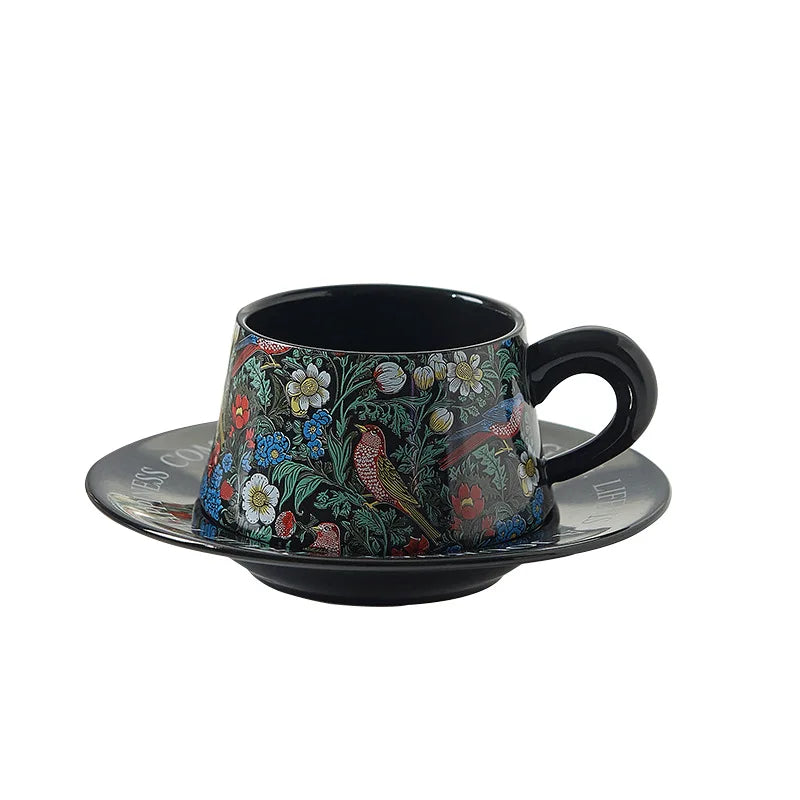 Vintage flower and bird watercolor coffee cup set Upscale mug Afternoon teacup saucer gift box with gift cup