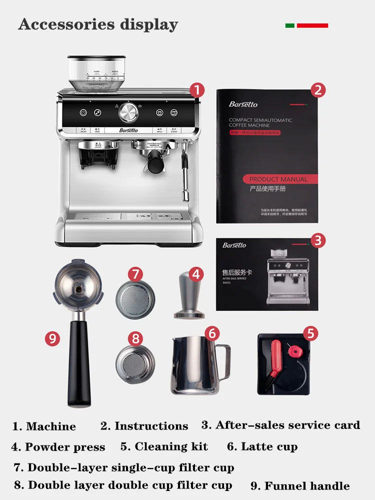 Original New Italian Barsetto Commercial Electric Coffee Maker Portable Semi Automatic Mini Espresso Coffee Machine With Grinder