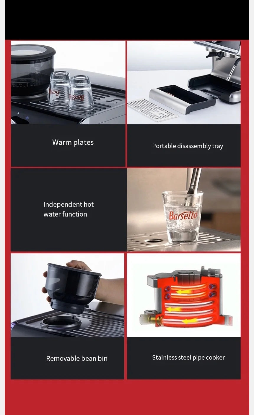 Original New Italian Barsetto Commercial Electric Coffee Maker Portable Semi Automatic Mini Espresso Coffee Machine With Grinder
