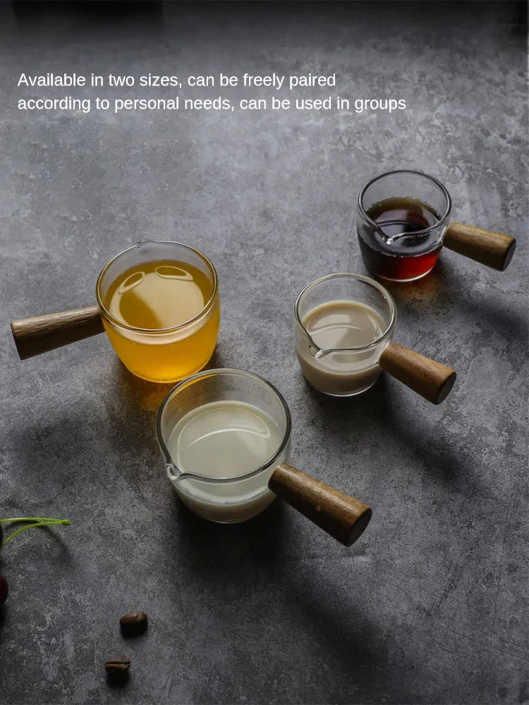 Wood Handle Espresso Measuring Heat-resisting Single Mouth Glass Mugs for Milk,Concentrate Coffee,Strong Drinks Measuring Cup