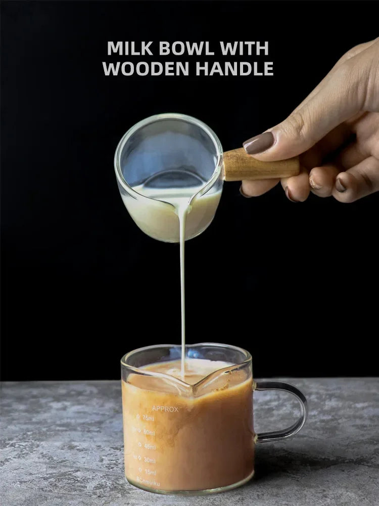 Wood Handle Espresso Measuring Heat-resisting Single Mouth Glass Mugs for Milk,Concentrate Coffee,Strong Drinks Measuring Cup