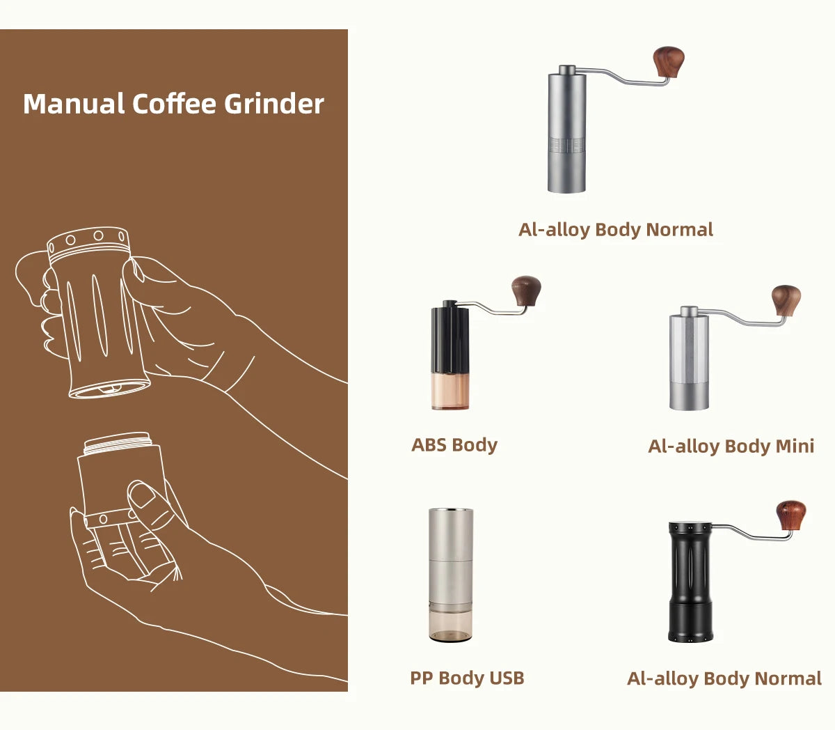 Wholesale Travel Hand Shake Adjustable Speed 48mm Flat Burr Cordless Reusable Washable Manual Coffee Grinder Mill Machine
