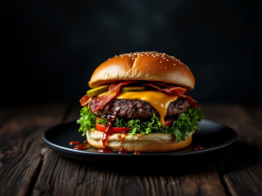 Coffee & Dreams Café - American Cheese Burger - Premium beef patty with bacon, fresh salad, tomato, pickles and BBQ sauce, served on black plate