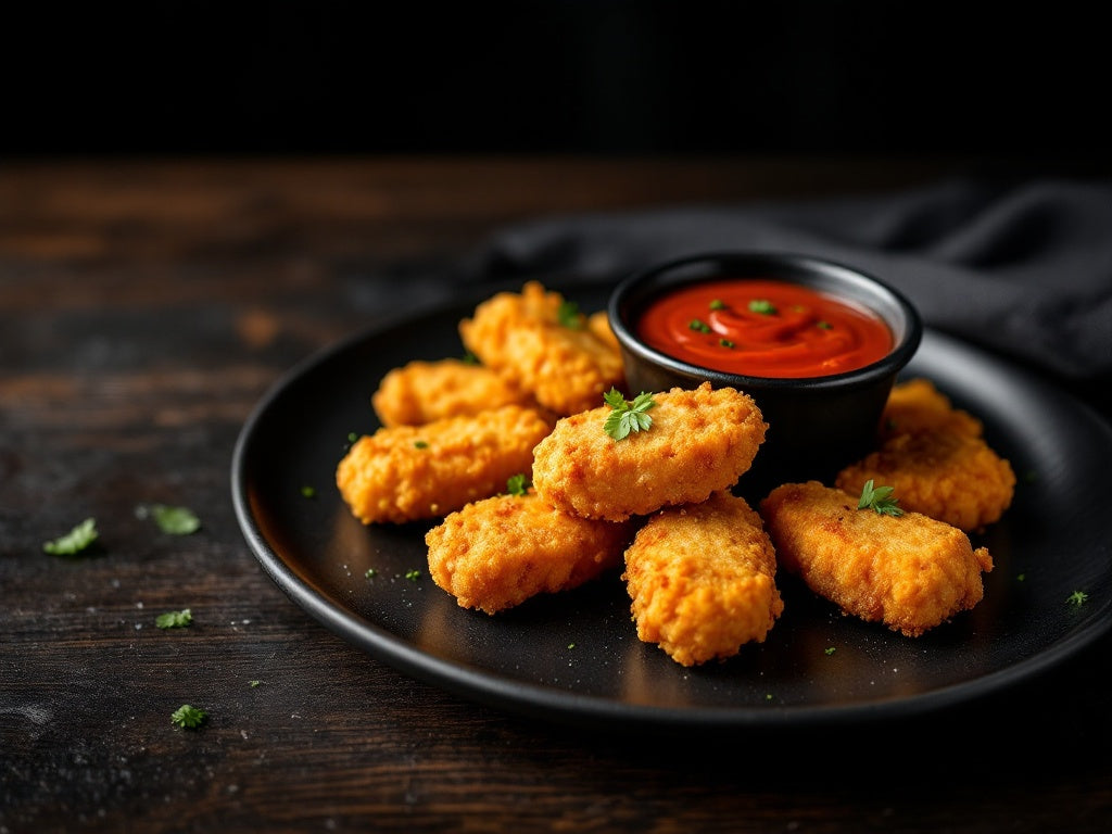 Coffee & Dreams Café - Golden Chicken Nuggets - Crispy premium chicken nuggets served with signature dipping sauce on black plate