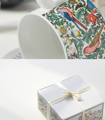 Vintage flower and bird watercolor coffee cup set Upscale mug Afternoon teacup saucer gift box with gift cup