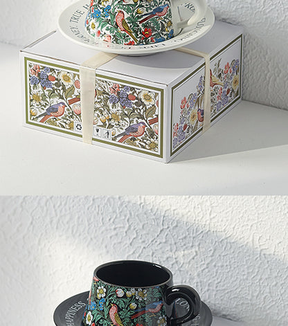 Vintage flower and bird watercolor coffee cup set Upscale mug Afternoon teacup saucer gift box with gift cup
