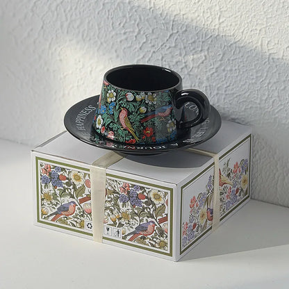 Vintage flower and bird watercolor coffee cup set Upscale mug Afternoon teacup saucer gift box with gift cup