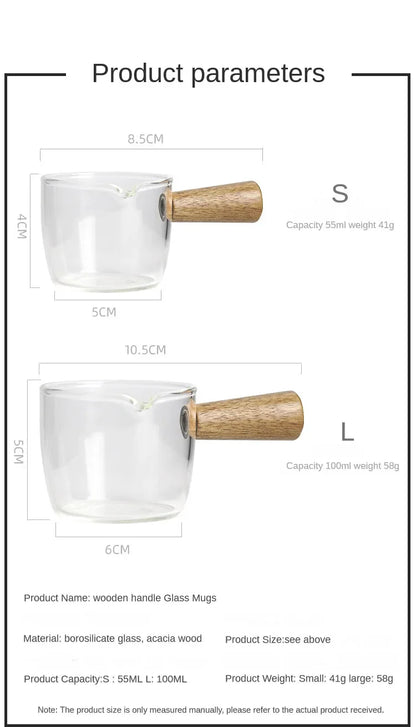 Wood Handle Espresso Measuring Heat-resisting Single Mouth Glass Mugs for Milk,Concentrate Coffee,Strong Drinks Measuring Cup