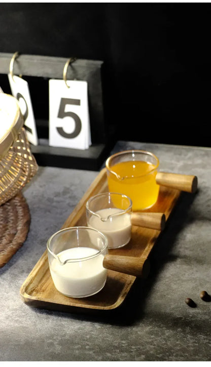 Wood Handle Espresso Measuring Heat-resisting Single Mouth Glass Mugs for Milk,Concentrate Coffee,Strong Drinks Measuring Cup