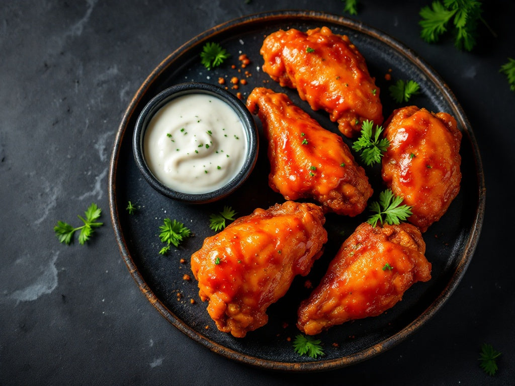 Coffee & Dreams Café - Buffalo Wings (5 pcs) - Spicy glazed wings served on black plate with fresh garnish